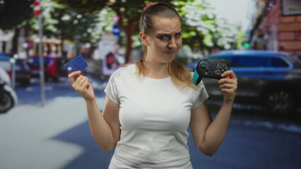 Woman holding gamepad and creditcard, frowning with puzzled expression on street  frustration decision. © Krakenimages.com