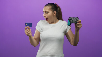 Woman holding a gamepad in right hand and showing a creditcard in left hand, open mouth surprised expression in studio  surprise spending decision. © Krakenimages.com