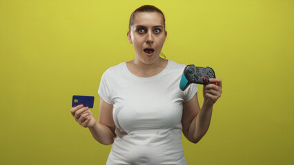 Woman holding gamepad and creditcard, hand gripping controller and mouth open in studio  surprise decision. © Krakenimages.com