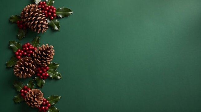 Fresh pinecones and berries holiday decoration on dark green background
