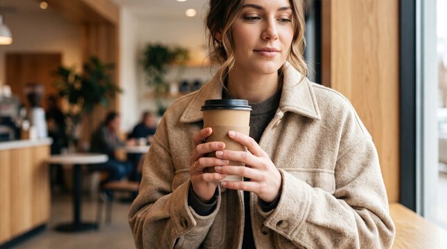 Thoughtful woman in beige fleece jacket holds paper coffee cup while gazing out window in soft natural light of modern cafe interior environment.