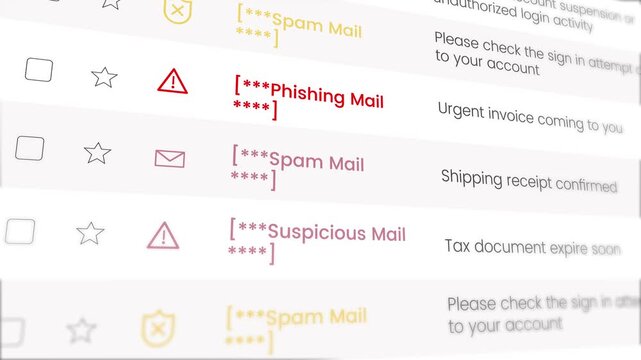 Email inbox interface scrolling phishing scam animation featuring malicious alert warning display