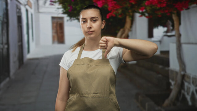 Woman in apron and white t shirt holds right thumb down while looking at camera on a narrow street with white buildings and flowering tree; disapproval.