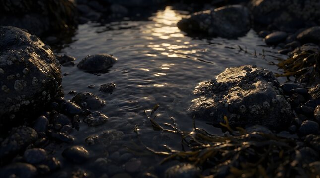 Golden sunset light reflecting on coastal tide pool water and rocks