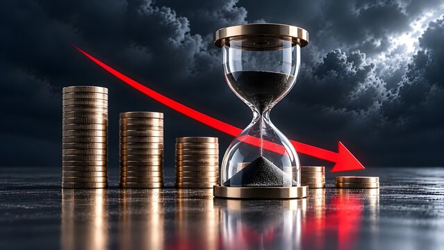 Hourglass with decreasing gold coin stacks and falling red arrow indicating financial crisis economic recession and time running out for business investment