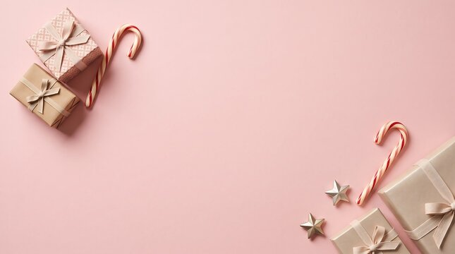 Pastel pink background with wrapped gifts and candy canes for