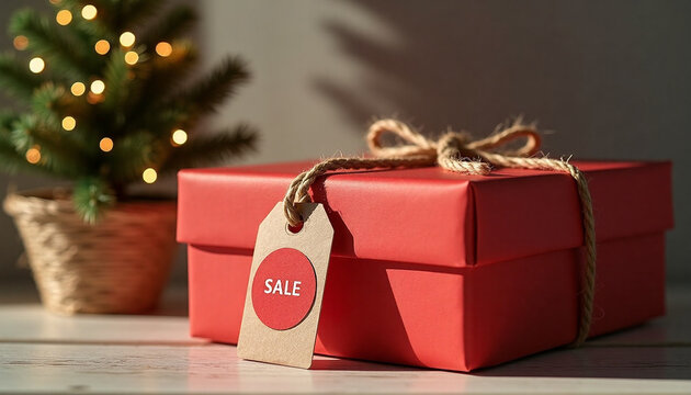 red gift box with a sale tag and twine string on a table with christmas tree lights background. Christmas shopping sales and discounts 