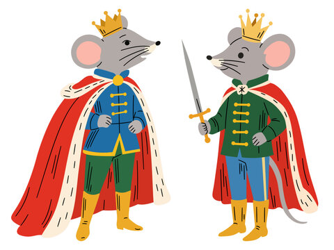 Hand drawn vector illustration of two mouse kings in royal cloaks with crowns standing, and one mouse holding a sword