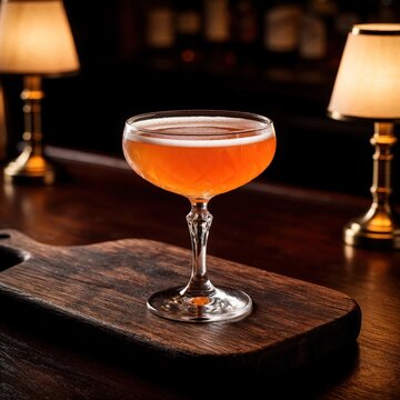 Rabbits Foot cocktail with applejack rum in coupe glass. Amber alcoholic beverage sits on wooden board at dark bar. Elegant drink with foam top served in glassware for party celebration in lounge.
