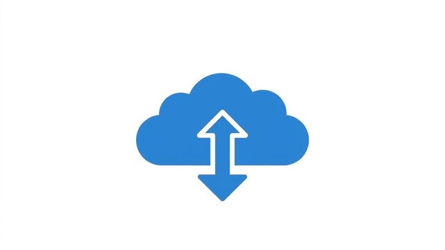 Blue cloud icon with upload and download arrows for data transfer concepts.