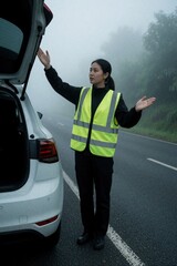 Fototapeta premium Female roadside assistance technician wears yellow reflective vest near white car on foggy road. Woman stands by open trunk, gestures for help during emergency. Pro mechanic provides auto repair