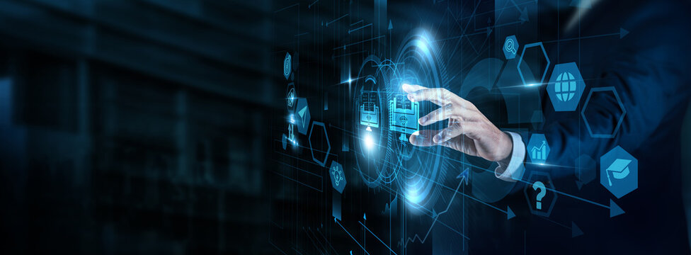 E-Learning Specialist touching E-learning and education data. Online courses, digital education, virtual classrooms, training platforms, interactive learning.