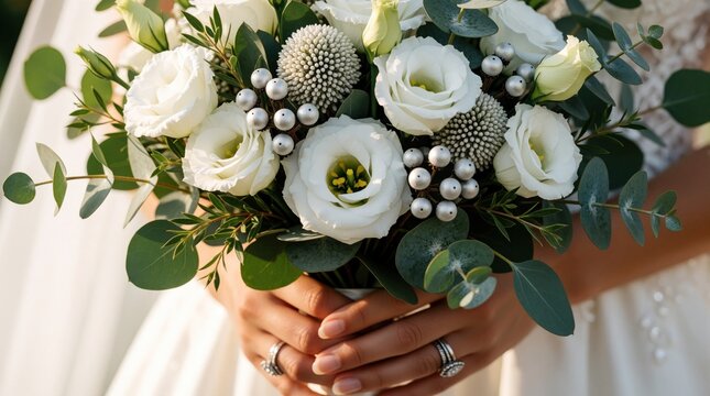 Close up of bride hands holding white wedding bouquet. Female hands with silver rings grasp floral arrangement with Lisianthus, eucalyptus leaves, silver brunia berries. Elegant bridal flowers for