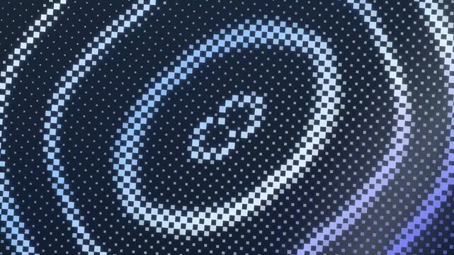 Dynamic abstract background with oval shaped patterns of glowing blue square particles, visualizing motion and digital signal