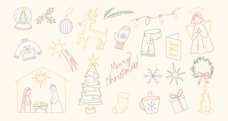 Fototapeta premium Cute whimsical Christmas icons for holiday card designs. Vector doodle set of Xmas tree, gift box, festive tree, garland, cocoa cup, and knitted clothes, line art symbols for seasonal invitations