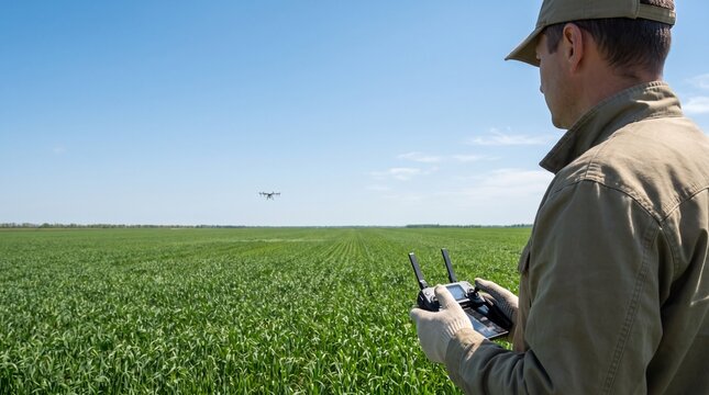 Operator holding a drone controller outdoors to fly an unmanned aircraft over green agricultural fields.