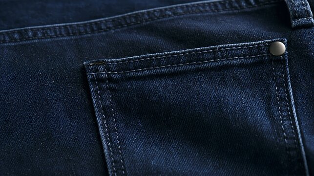 Close up of a dark blue denim jeans pocket with double stitching and metal rivet, cotton twill fabric detail for denim fashion, garment construction and clothing manufacturing content