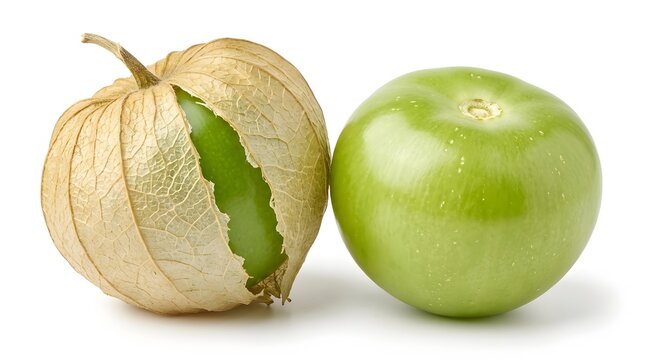 Tomatillos displaying one whole green fruit next to another encased in its dry papery husk on white.
