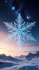 Fototapeta premium Giant crystal snowflake floats above snowy mountain landscape at night. Blue ice star shines against starry sky, milky way. Cold winter nature background with majestic frozen frost pattern over