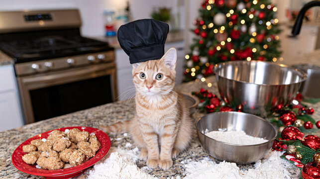 Funny Cat Chef Covered in Flour Baking Christmas Cookies