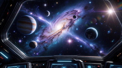 Fototapeta premium View from spaceship window shows vast galaxy, glowing nebula. Multiple planets orbit bright cosmic center in deep space. Astronauts travel through starry universe exploring distant celestial bodies,