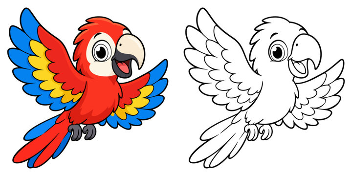 Colorful parrot cartoon coloring page for kids, animal coloring book printable vector illustration in colored and outline style, featuring a cheerful parrot with spread wings, feathers, beak, and tail