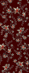 Elegant floral seamless pattern featuring stylized lily flowers and leafy branches on a dark maroon background, perfect for luxury textile and wallpaper design. © Juju