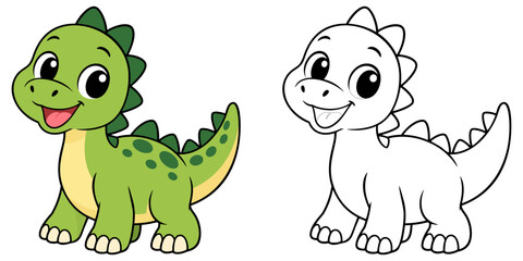 Cute green dinosaur cartoon coloring page for kids, animal coloring book printable vector illustration in colored and outline style, featuring a friendly dinosaur with spots, spikes, and a long tail © moza