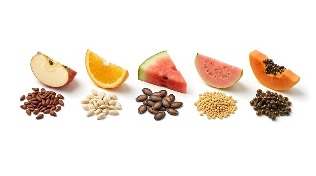 Fruit slices and their corresponding seeds are meticulously organized in pairs across a pristine white surface.