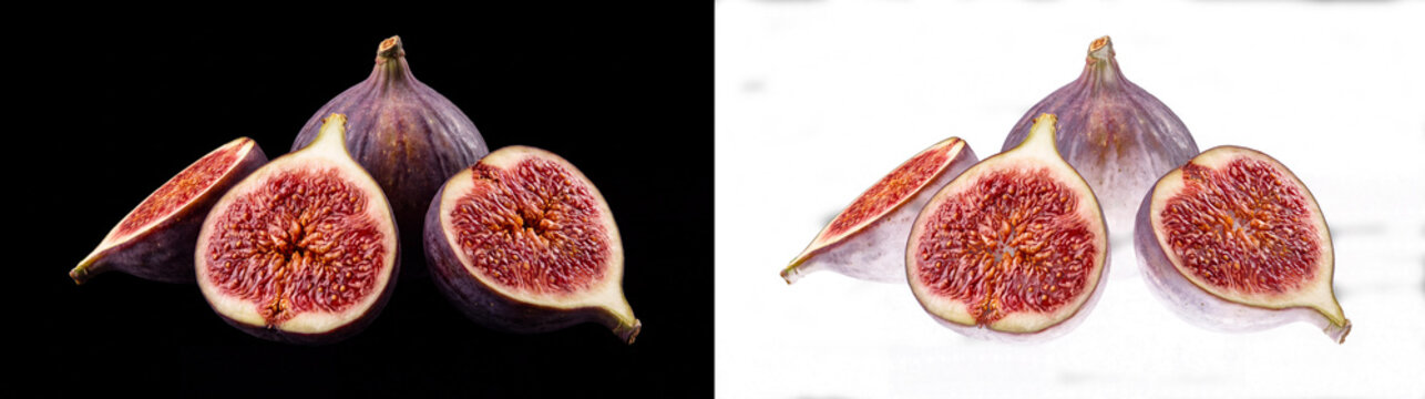 Ripe purple figs isolated on black and white backgrounds, whole and sliced fresh fig fruit collection, organic mediterranean figs for food design
