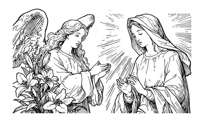 Fototapeta premium Black-and-white line-art of the Annunciation showing Archangel Gabriel appearing to the Virgin Mary with lilies and halo, a classic devotional biblical scene evoking grace