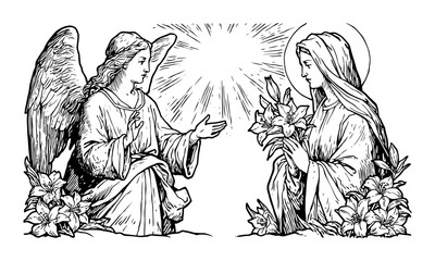 Fototapeta premium Black and white illustration of the Annunciation: an angel appearing to Mary with lilies and radiant light, the angel gesturing while the Virgin receives the message in reverence