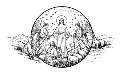 Fototapeta premium Jesus Christ revealed in a circular celestial scene: central figure with halo surrounded by angels, shepherds, and sheep among stars and hills, biblical lineart illustration