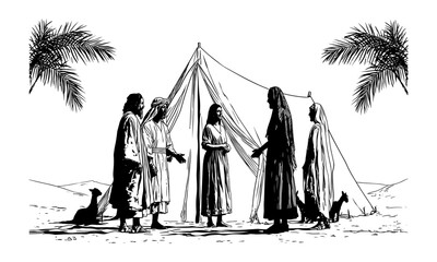 Fototapeta premium Biblical desert tent scene depicting a family and three travelers gathered at the tent entrance amid palms and camels, evoking hospitality, conversation and ancient Israelite life