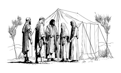 Fototapeta premium Black-and-white illustration of biblical figures gathered outside a desert tent, robed people conversing at a campsite in an OldTestament scene of visitation and hospitality