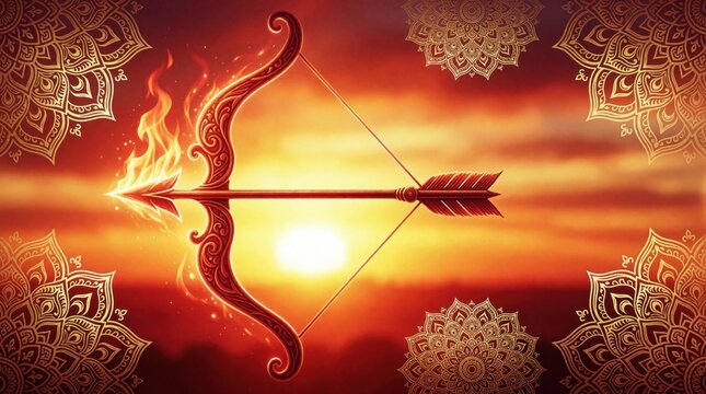 Vibrant illustration of ornate bow, arrow with fire flames at sunset. Golden mandala patterns decorate red orange sky. Mythical weapon glows with energy, power during magical fantasy evening.