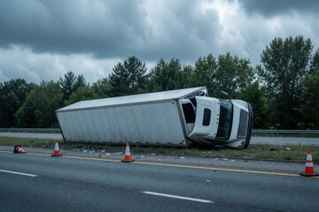 Fototapeta premium Overturned white refrigerated truck lies on highway median after crash. Damaged semi trailer wreck sits near road with orange traffic cones. Accident scene on asphalt road under cloudy sky. Driver