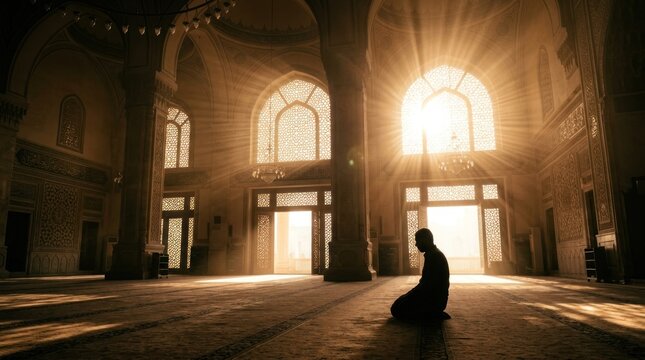 Silhouette of man praying inside mosque with bright sunlight radiating