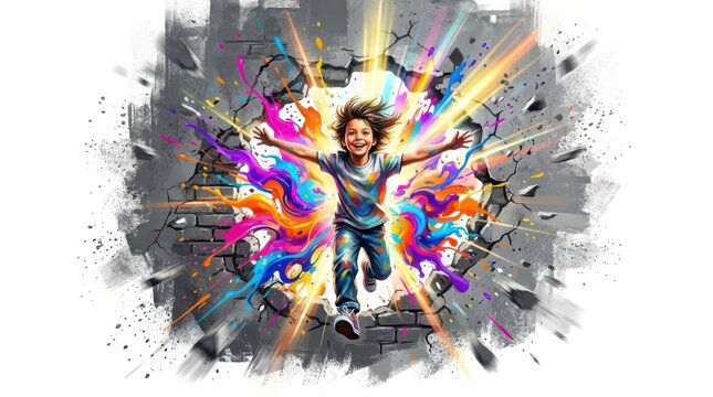 Happy child breaking through a gray brick wall with colorful paint