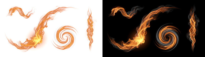 Flame with orange fire swirls, curved streaks and soft grey smoke trails in PNG, Transparent and Black Background Versions for photo effects © Nyxthrasza