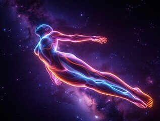 Fototapeta premium Abstract neon human figure floats in deep space. Glowing body silhouette flies through cosmic nebula with vibrant energy. Surreal digital art shows transcendence, freedom, spiritual motion in dark