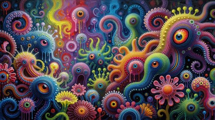 Fototapeta premium Surreal abstract painting shows colorful alien creatures, organic forms. Vibrant dreamlike monsters with many eyes move through psychedelic landscape. Weird fantasy creatures live in mysterious