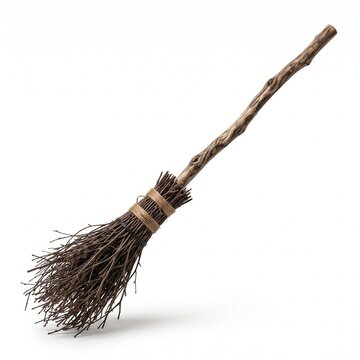Traditional rustic witches broom for haunted house flyer element, magic and wizard concept, 3D rendering isolated on white background.