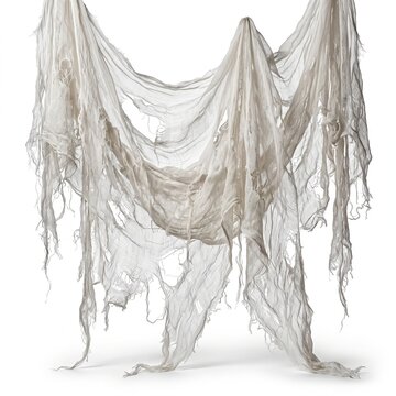attered and torn spooky white cloth for haunted house background element, creepy ghost concept, 3D rendering isolated on white background.