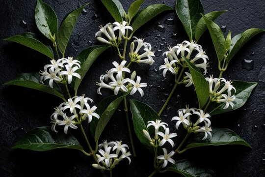 Overhead view of fresh Cestrum nocturnum stems with white flowers. Green leaves, fragrant night jasmine blossoms lie on dark textured stone surface. Wet botanical branches create natural pattern for