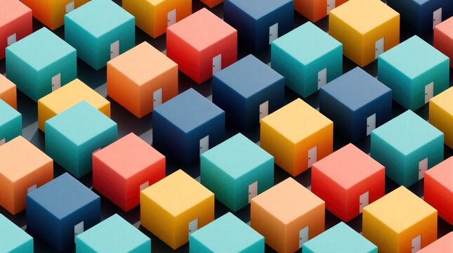Row of colorful 3D cubes with small white doors arranged in grid pattern. Bright plastic blocks look like tiny houses storage containers. Minimalist geometric shapes create abstract isometric