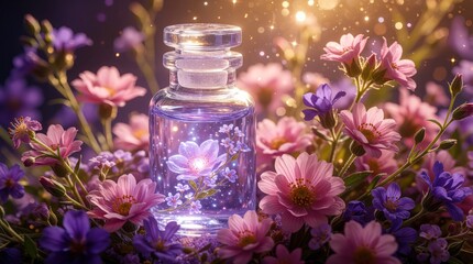 Fototapeta premium Small glass vial filled with glowing purple liquid, tiny flowers sits among pink cosmos. Magical bottle contains sparkling floral extract. Beautiful perfume bottle surrounded by spring blossom garden