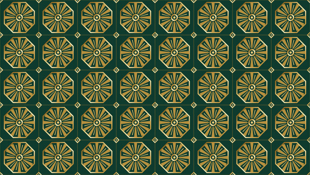 Art Deco emerald green and gold sunburst medallion seamless pattern with octagon frames, luxury 1920s geometric background