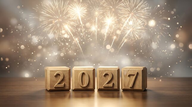 Wooden number blocks spelling year two thousand twenty seven standing on shiny surface featuring bright golden glowing festive celebration fireworks background