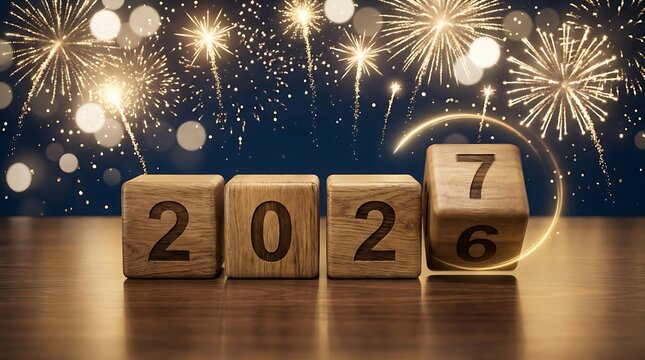 Wooden blocks flipping to transition from year two thousand twenty six into two thousand twenty seven during festive celebration with glowing gold fireworks background